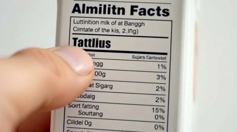 photorealistic close-up of nutrition facts label on an almond milk carton, with a finger pointing to 'sugar' content, cinematic lighting, sharp focus.