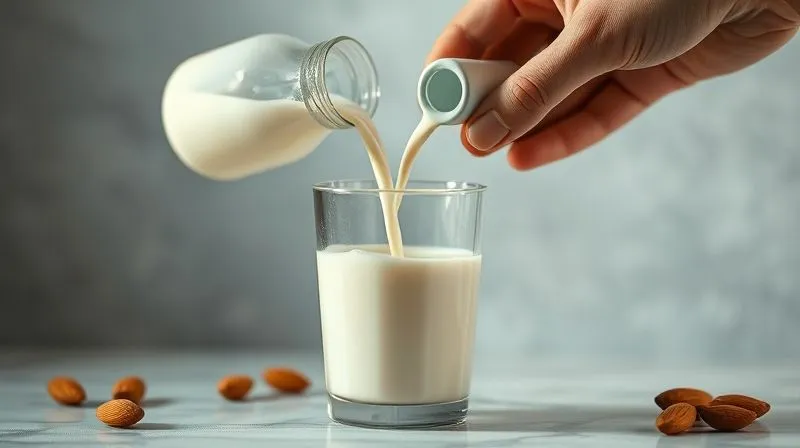 photorealistic image of a hand pouring fortified almond milk into a glass, with a subtle glow around the milk suggesting health, 8K, cinematic lighting.