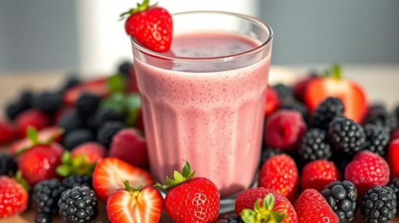 photorealistic vibrant vegan breakfast smoothie in a glass, made with unsweetened almond milk, surrounded by fresh berries and chia seeds, natural morning light, sharp focus.
