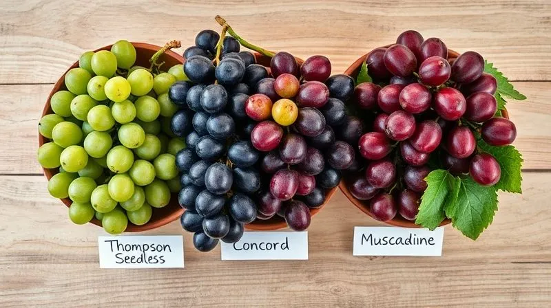 Photorealistic, professional photography, 8K, cinematic lighting, sharp focus, depth of field, shot on a high-end DSLR. A vibrant display of different grape varieties: green Thompson Seedless, dark purple Concord, and reddish Muscadine grapes, each in separate bowls, with a handwritten label for each variety. The background is a clean, rustic wooden table.