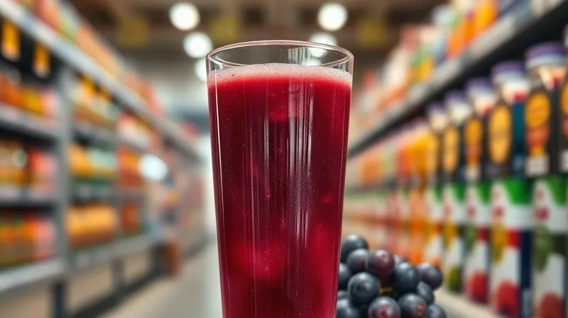 Photorealistic, professional photography, 8K, cinematic lighting, sharp focus, depth of field, shot on a high-end DSLR. A glass of vibrant grape juice with a blurred background showing a supermarket aisle with various fruit juice cartons, emphasizing the difference between fresh and processed. The scene subtly conveys the idea of choosing wisely.