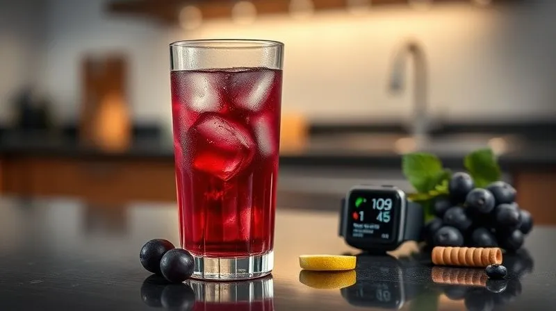 Photorealistic, professional photography, 8K, cinematic lighting, sharp focus, depth of field, shot on a high-end DSLR. A sleek glass of freshly made, diluted grape juice with ice and a slice of lemon, placed on a kitchen counter next to a smartwatch displaying a workout log and a small, healthy snack. The scene suggests mindful consumption and integration into a healthy routine.