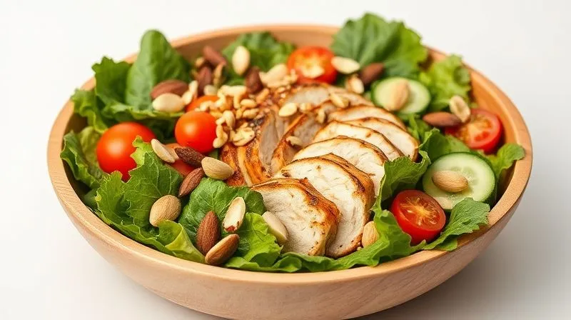 A photorealistic, vibrant, and healthy salad featuring a mix of green leaves, grilled chicken breast slices, colorful vegetables (cherry tomatoes, cucumber), and a carefully portioned sprinkle of various nuts: sliced almonds, crumbled walnuts, and whole pistachios. The salad is presented in a modern, light wooden bowl on a minimalist white background, with soft, natural cinematic lighting highlighting the freshness and textures. Sharp focus on the central salad, with a gentle depth of field. 8K hyper-detailed, professional photography.