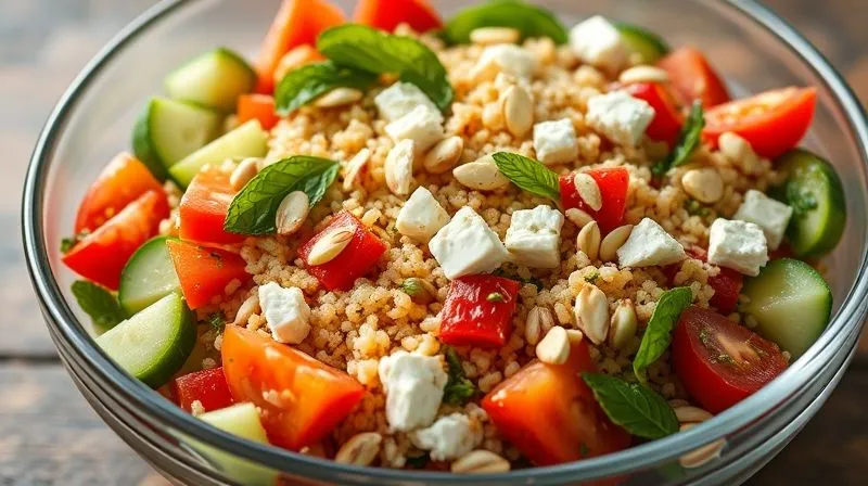 A professional, photorealistic and mouth-watering image of a vibrant Mediterranean salad with cooked couscous, diced cucumbers, ripe tomatoes, fresh mint and parsley, crumbled light feta cheese, and a generous yet perfectly portioned sprinkle of shelled pistachios. The salad is beautifully arranged in a clear glass bowl, showcasing its layers and colors. Soft, warm cinematic lighting from the side, sharp focus on the textures of the ingredients, with a shallow depth of field. 8K hyper-detailed, professional food photography.