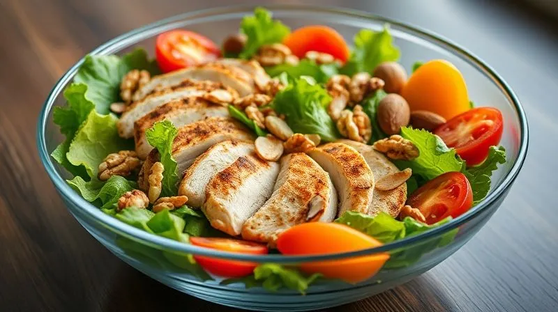 Photorealistic, professional photography, 8K, cinematic lighting, sharp focus, depth of field, shot on a high-end DSLR. A vibrant, fresh green salad in a large, elegant glass bowl, beautifully composed with grilled chicken strips, colorful bell peppers, cherry tomatoes, and a sprinkle of perfectly portioned, lightly toasted walnuts and almonds. The salad is dressed with a light vinaigrette, glistening under soft, natural light, emphasizing health and deliciousness.