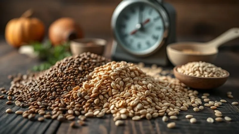 photorealistic, professional photography, 8K, cinematic lighting, sharp focus, depth of field, shot on a high-end DSLR, a close-up of a variety of healthy seeds (chia, flax, pumpkin, sunflower, sesame) arranged artfully on a dark, rustic wooden surface, with a blurred background of a kitchen scale and measuring spoons, emphasizing precision and nutritional value.