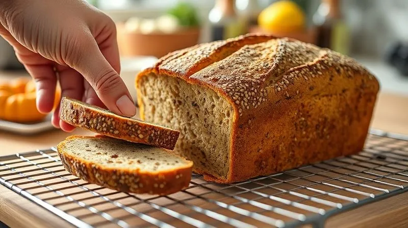 photorealistic, professional photography, 8K, cinematic lighting, sharp focus, depth of field, shot on a high-end DSLR, a freshly baked, artisanal fit bread loaf, rich in visible seeds (chia, flax, pumpkin, sunflower), cooling on a wire rack. A hand is reaching to slice a piece, revealing the moist, dense interior. The background shows a cozy, sunlit kitchen with blurred health-related items.