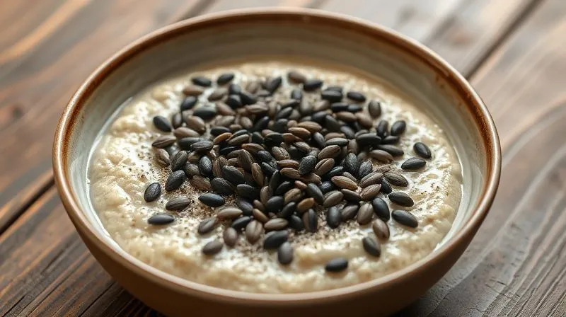 A photorealistic, professional photography, 8K, cinematic lighting, sharp focus, depth of field, shot on a high-end DSLR, of a warm bowl of oatmeal or buckwheat porridge, generously sprinkled with glossy black and white chia seeds, some of which have started to swell and form a gel. The bowl is placed on a rustic wooden table, with soft morning light illuminating the scene, emphasizing freshness and healthy eating.