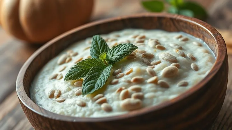 A photorealistic, professional photography, 8K, cinematic lighting, sharp focus, depth of field, shot on a high-end DSLR, of a rustic wooden bowl filled with creamy, light-colored porridge, possibly millet or quinoa, generously topped with vibrant green pumpkin seeds and a few fresh mint leaves. The scene is bathed in warm, natural light, highlighting the textures and inviting a sense of wholesome, healthy eating.