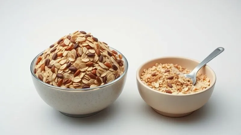 photorealistic, professional photography, 8K, cinematic lighting, sharp focus, depth of field, shot on a high-end DSLR image showing two bowls of oatmeal. One bowl is overflowing with a huge, unmeasured pile of mixed seeds, looking indulgent but excessive. The other bowl shows a perfectly portioned, small sprinkle of seeds, looking balanced and healthy. A small measuring spoon is neatly placed next to the second bowl, symbolizing control and moderation. The background is clean and bright, emphasizing the contrast in portion sizes.