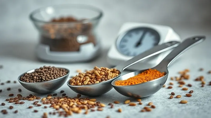 photorealistic, professional photography, 8K, cinematic lighting, sharp focus, depth of field, shot on a high-end DSLR image of a set of elegant, polished measuring spoons carefully filled with various healthy seeds (chia, flax, pumpkin). In the background, a small digital kitchen scale displays a precise weight, emphasizing accuracy and portion control. The scene is well-lit, highlighting the textures and natural colors of the seeds, conveying a sense of mindful and disciplined healthy eating.