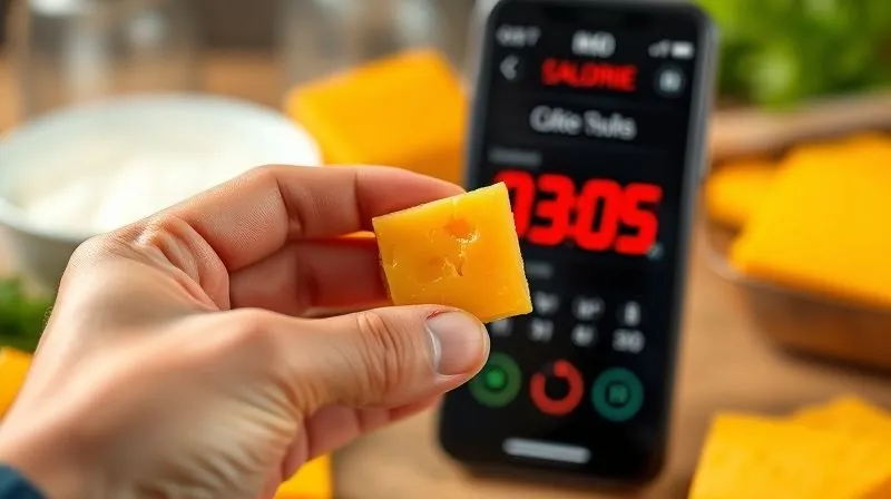 Photorealistic, professional photography, 8K, cinematic lighting, sharp focus, depth of field, shot on a high-end DSLR. A hand holding a small, precisely cut block of yellow cheese, with a blurred background of a digital calorie counter app on a smartphone, showing numbers in red, symbolizing calorie surplus. The scene emphasizes the importance of tracking calories even with keto-friendly foods.