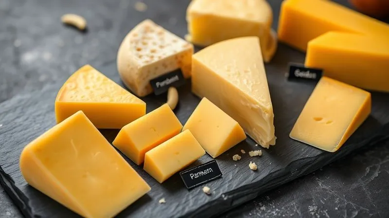 Photorealistic, professional photography, 8K, cinematic lighting, sharp focus, depth of field, shot on a high-end DSLR. An elegant display of various types of yellow cheese, meticulously arranged on a dark slate board, with small labels indicating their names (Cheddar, Gouda, Parmesan). The lighting emphasizes their textures and colors, suggesting variety and quality in a keto context.