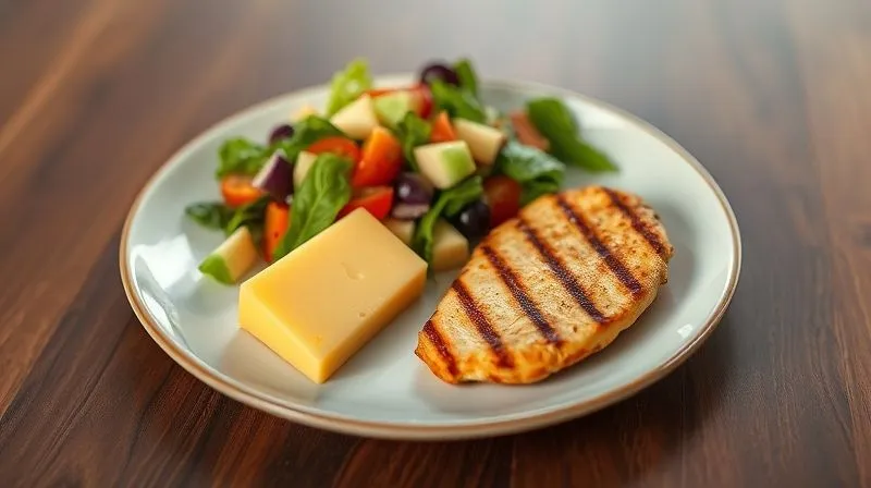 Photorealistic, professional photography, 8K, cinematic lighting, sharp focus, depth of field, shot on a high-end DSLR. A perfectly portioned keto meal featuring a small, elegant slice of yellow cheese (around 30-50g) accompanying a colorful salad and a piece of grilled chicken, all on a minimalist plate. The scene emphasizes mindful eating and precise serving sizes for weight loss.
