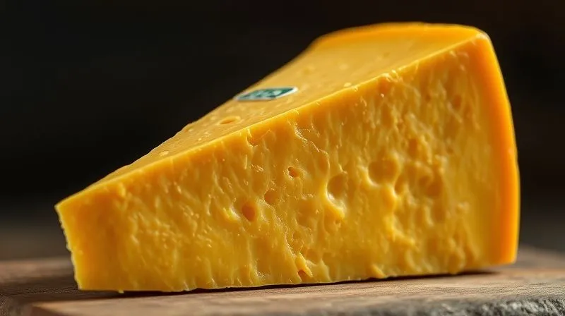 Photorealistic, professional photography, 8K, cinematic lighting, sharp focus, depth of field, shot on a high-end DSLR. A close-up shot of a beautifully textured, aged block of high-quality yellow cheese, with a subtle label indicating its origin. The lighting is warm and natural, highlighting its rich color and inviting texture, conveying a sense of premium quality and natural goodness.