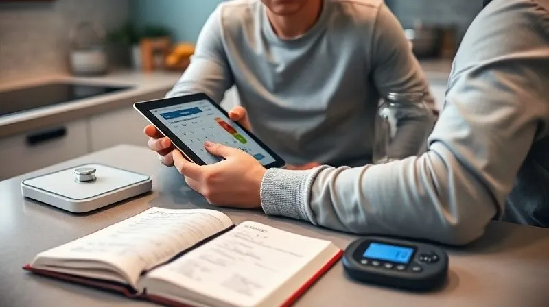 A photorealistic, professional photography, 8K image of a person sitting at a modern kitchen counter, meticulously calculating their daily caloric and macro needs on a tablet, with a notebook open next to it showing hand-written formulas. A digital kitchen scale is nearby, and a healthy meal prep container is in the background. Cinematic lighting, sharp focus on the calculation, depth of field blurring the background, shot on a high-end DSLR. The atmosphere is focused and analytical, suggesting smart nutrition planning.