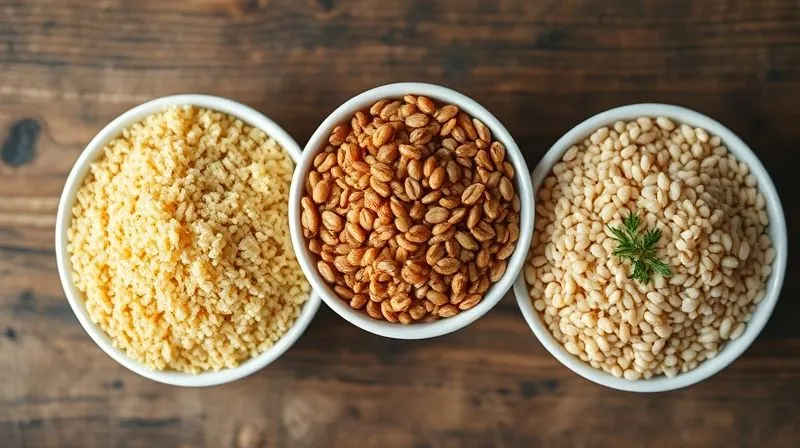 A photorealistic, professional photography, 8K image showcasing three distinct bowls of cooked kasza: one with fluffy, golden quinoa, another with rich, brown buckwheat groats, and a third with light, pearly barley. Each bowl is perfectly portioned and garnished with a single, fresh herb sprig. Cinematic lighting from above, sharp focus on the textures of the grains, depth of field blurring a rustic wooden table background, shot on a high-end DSLR. The image conveys health, variety, and natural goodness.