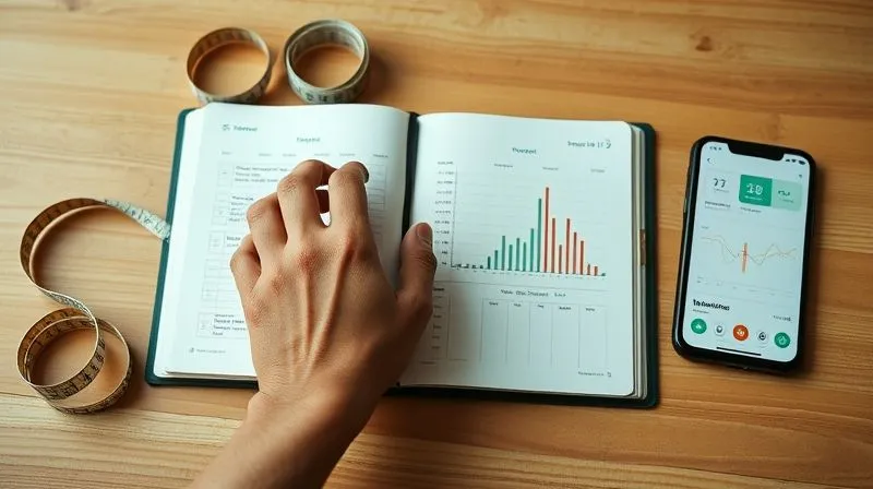 A photorealistic, professional photography, 8K image of a person's hand meticulously updating a progress chart in a sleek, minimalist fitness journal. Next to the journal, a measuring tape is coiled, and a smartphone displays a weight tracking app. Cinematic lighting, sharp focus on the hand and journal, depth of field blurring a clean, wooden desk background, shot on a high-end DSLR. The image evokes a sense of dedication, progress, and organized self-care.