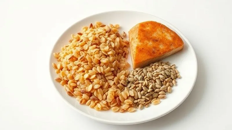 A photorealistic image depicting a balanced plate divided into sections, showing a portion of cooked grains (representing complex carbohydrates), a portion of lean protein, and a smaller portion of healthy fats (represented by a mix of seeds). The plate is on a minimalist white background, with soft, even lighting, emphasizing balance and nutrition. 8K hyper-detailed, professional photography, shot on a high-end DSLR.