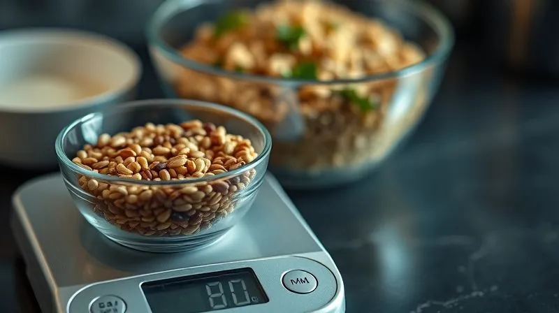 A photorealistic close-up of a kitchen scale weighing a small bowl of mixed seeds, with a larger bowl of cooked quinoa visible in the background, slightly out of focus. The digital display on the scale clearly shows a measurement in grams, emphasizing precision. Cinematic lighting, sharp focus on the scale and seeds, depth of field blurring the background. 8K hyper-detailed, professional photography, shot on a high-end DSLR.
