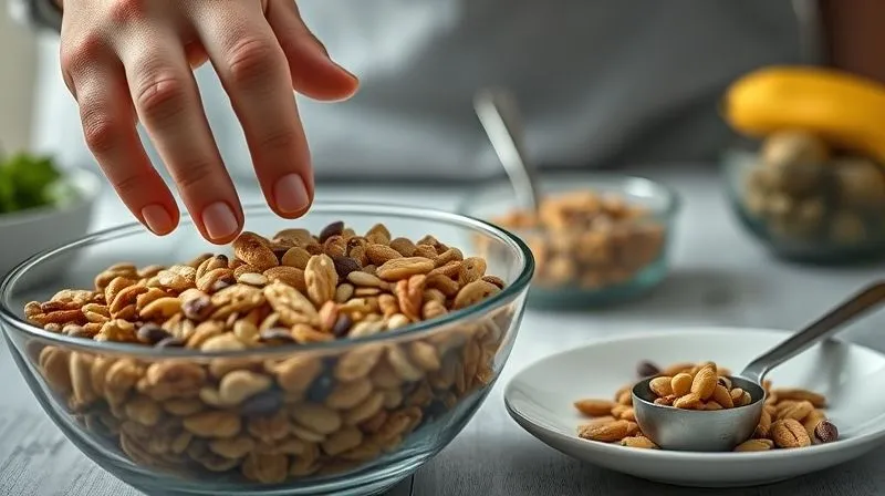 A photorealistic image of a person's hand reaching for a large bowl of mixed nuts and seeds, with a smaller, measured portion visible on a plate nearby. The background is slightly blurred, showing other healthy ingredients. The focus is on the contrast between an excessive portion and a controlled one, subtly conveying the message of moderation. Cinematic lighting, sharp focus on the hands and food, depth of field. 8K hyper-detailed, professional photography, shot on a high-end DSLR.