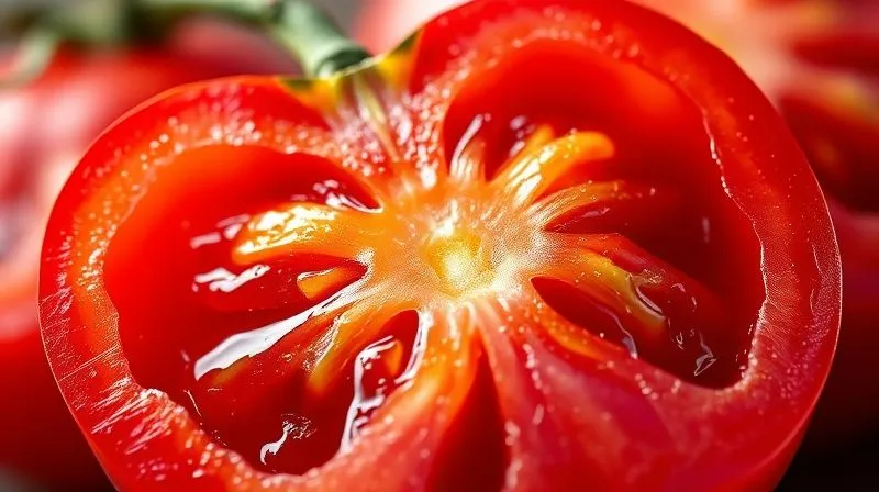 A vibrant, photorealistic image of a single ripe red tomato sliced open, revealing its juicy interior, surrounded by a subtle glow, symbolizing its powerful antioxidants. Professional photography, 8K, cinematic lighting, sharp focus, depth of field, shot on a high-end DSLR.