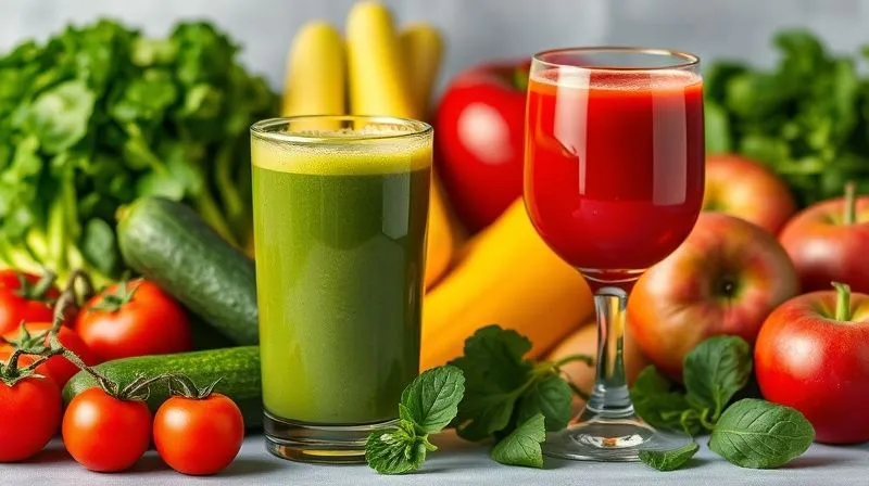 A vibrant, photorealistic image of a diverse array of healthy, fresh vegetables and fruits, including tomatoes, cucumbers, spinach, and apples, arranged aesthetically, with a glass of rich green vegetable juice and a glass of red tomato juice in the foreground. Professional photography, 8K, cinematic lighting, sharp focus, depth of field, shot on a high-end DSLR.