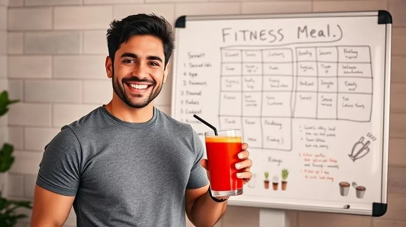 A photorealistic image of a person smiling confidently, holding a glass of fresh tomato juice, standing next to a whiteboard with a neatly organized fitness and meal plan, symbolizing successful integration of healthy habits. Professional photography, 8K, cinematic lighting, sharp focus, depth of field, shot on a high-end DSLR.