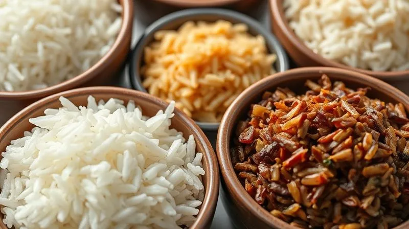 A close-up of different types of rice (white, brown, wild) in small, elegant bowls, emphasizing texture and color, with a focus on healthy eating, photorealistic, professional photography, 8K, cinematic lighting, sharp focus, depth of field, shot on a high-end DSLR.