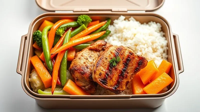 A beautifully arranged lunchbox with perfectly portioned rice, grilled chicken, and colorful steamed vegetables, ready for transport, with a clean, bright background, photorealistic, professional photography, 8K, cinematic lighting, sharp focus, depth of field, shot on a high-end DSLR.