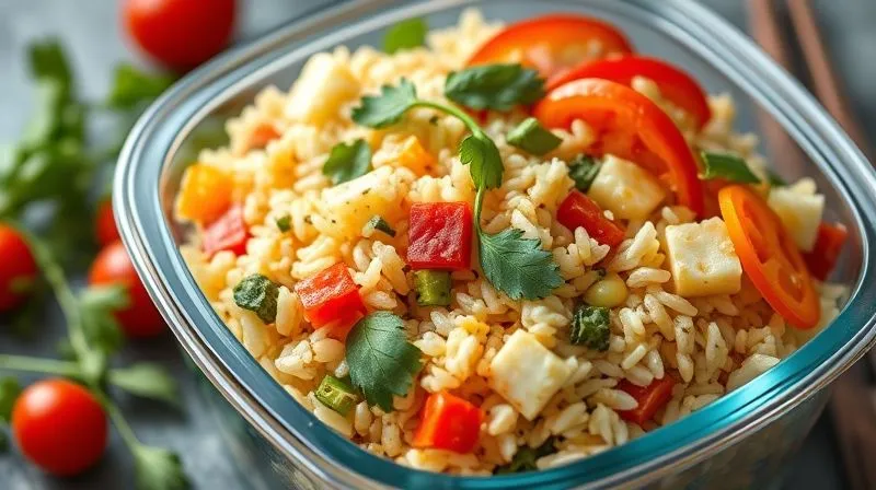 A vibrant, close-up shot of a gourmet-looking rice salad in a glass lunch container, featuring colorful vegetables, herbs, and a light dressing, emphasizing freshness and taste, photorealistic, professional photography, 8K, cinematic lighting, sharp focus, depth of field, shot on a high-end DSLR.