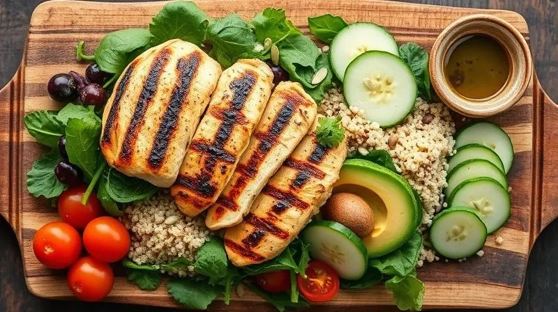A vibrant, photorealistic overhead shot of a deconstructed salad ingredients on a rustic wooden board: perfectly grilled chicken breast, fluffy quinoa, a generous mix of spinach and arugula, sliced avocado, bright cherry tomatoes, cucumber ribbons, toasted pumpkin seeds, and a small ceramic bowl of olive oil vinaigrette. The composition is artfully arranged, highlighting freshness and natural textures. Cinematic lighting, sharp focus, depth of field, 8K, shot on a high-end DSLR.