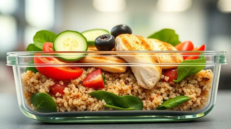 A close-up, photorealistic shot of a vibrant Mediterranean chicken and quinoa salad beautifully presented in a transparent glass lunch container. The layers of grilled chicken, fluffy quinoa, colorful cherry tomatoes, crisp cucumber, black olives, and fresh spinach are clearly visible. The lighting is bright and inviting, emphasizing the freshness and healthiness of the meal. Sharp focus on the salad, depth of field blurring a subtle office background, 8K, shot on a high-end DSLR.