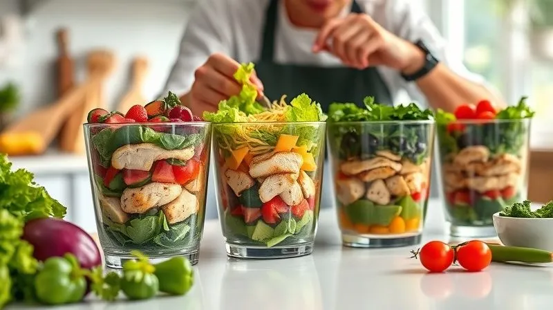 A professional, photorealistic image of a person thoughtfully preparing a variety of healthy chicken salads for meal prep in a bright, modern kitchen. Several glass containers are filled with distinct, colorful salad layers, and fresh ingredients are neatly organized on a clean countertop. The focus is on efficiency and healthy lifestyle. Cinematic lighting, sharp focus, depth of field, 8K, shot on a high-end DSLR.
