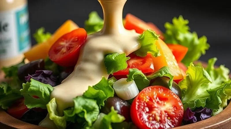 A professional, photorealistic image capturing a common mistake: a vibrant, fresh salad drowning in a thick, creamy, unhealthy dressing from a generic store-bought bottle. The dressing is visually dominant, obscuring the fresh ingredients. The lighting is slightly harsh, emphasizing the unhealthy aspect. Sharp focus on the dressing and its impact, depth of field, 8K, shot on a high-end DSLR, conveying a warning.