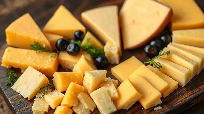 A beautifully arranged platter of various types of yellow cheese (Gouda, Cheddar, Parmesan, Maasdam, Muenster, Provolone, Monterey Jack), cut into different shapes and sizes, served on a dark wooden board with fresh herbs and a few keto-friendly berries as garnish. The cheeses are highlighted by soft, cinematic lighting, emphasizing their textures and rich colors. Sharp focus on the foreground cheeses, with a gentle depth of field blurring the background. 8K hyper-detailed, professional photography, shot on a high-end DSLR.