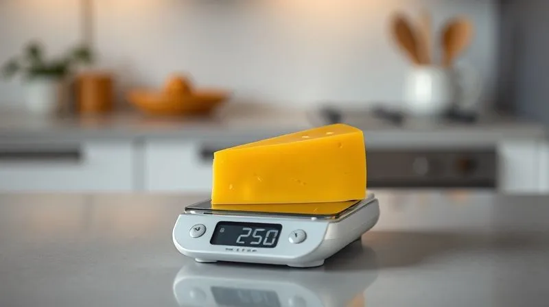 A photorealistic image of a small digital kitchen scale with a carefully portioned slice of yellow cheese (like Gouda or Cheddar) on it. The background is a clean, minimalist kitchen counter with subtle, warm lighting. The focus is sharp on the cheese and scale, with a soft depth of field. 8K hyper-detailed, professional photography, shot on a high-end DSLR.
