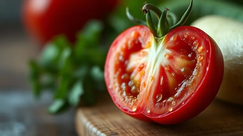 Photorealistic, professional photography of a single ripe, juicy red tomato, halved, with water droplets, reflecting cinematic lighting. The background is softly blurred, showing other fresh vegetables. 8K hyper-detailed, shot on a high-end DSLR.