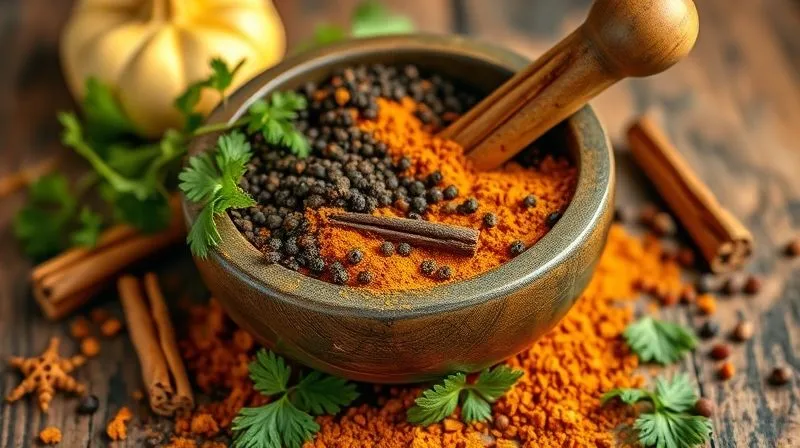 Photorealistic, professional photography of a mortar and pestle filled with various aromatic spices like black pepper, turmeric, and cinnamon sticks, with fresh herbs like parsley and basil scattered around. The scene has warm, cinematic lighting, sharp focus on the spices, and a blurred background. 8K hyper-detailed, shot on a high-end DSLR.
