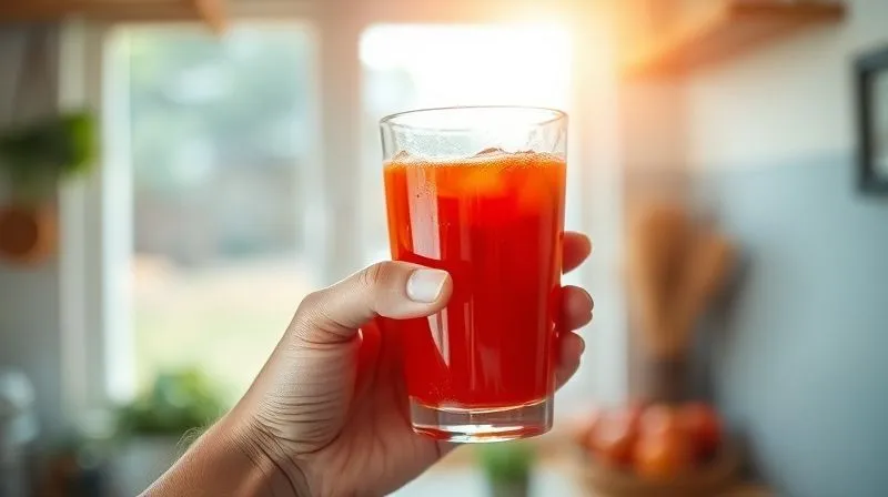 Photorealistic, professional photography of a person’s hand holding a glass of vibrant red tomato juice with fresh ingredients, against a blurred background of a sunny kitchen window. The image conveys a sense of morning freshness and healthy routine. Cinematic lighting, sharp focus on the glass, depth of field, 8K hyper-detailed, shot on a high-end DSLR.