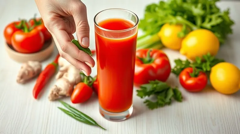 Photorealistic, professional photography of a hand gently placing a fresh chili pepper next to a tall glass of vibrant tomato juice, surrounded by other fresh, colorful ingredients like ginger, lemon, and celery, on a clean, light wooden surface. The scene is bathed in soft, natural light, emphasizing freshness and vitality. Sharp focus on the central elements, with a subtle depth of field. 8K hyper-detailed, shot on a high-end DSLR.