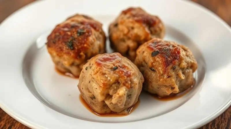 Photorealistic image of a plate with three visibly dry, overcooked turkey meatballs, slightly shrunken, with a faded color, no sauce or garnish, suggesting a bland and unappetizing meal. Cinematic lighting, sharp focus, depth of field, 8K, professional photography.