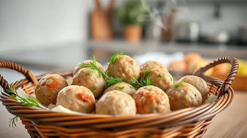 Photorealistic image of a steaming basket with perfectly cooked, plump turkey meatballs, garnished with fresh dill, steam gently rising. The background is a clean, modern kitchen setting, emphasizing healthy cooking. Cinematic lighting, sharp focus, depth of field, 8K, professional photography.