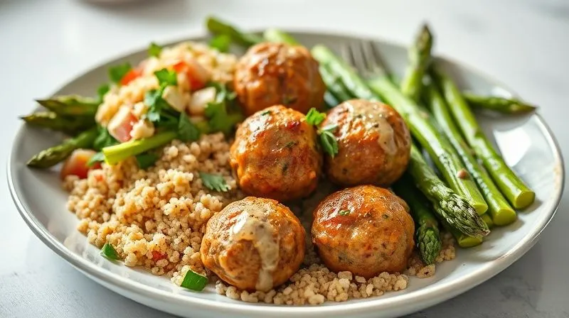 Photorealistic, professional photography, 8K, cinematic lighting, sharp focus, depth of field, shot on a high-end DSLR. A beautifully arranged plate of golden-brown turkey meatballs, served with a vibrant, fresh quinoa salad and steamed green asparagus. A light, herb-infused sauce is drizzled over the meatballs. The setting is bright and inviting, emphasizing a healthy and delicious meal.
