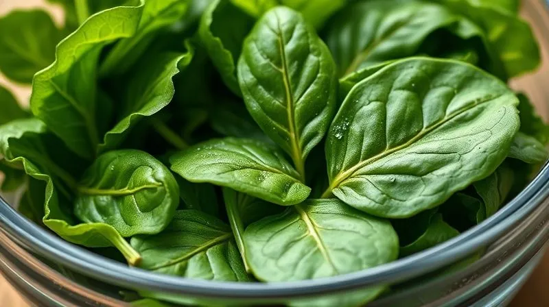 A photorealistic close-up of fresh, vibrant green spinach leaves and kale in a clear glass bowl, glistening with a light mist, professional photography, 8K, cinematic lighting, sharp focus, depth of field, shot on a high-end DSLR, conveying freshness and vitality.