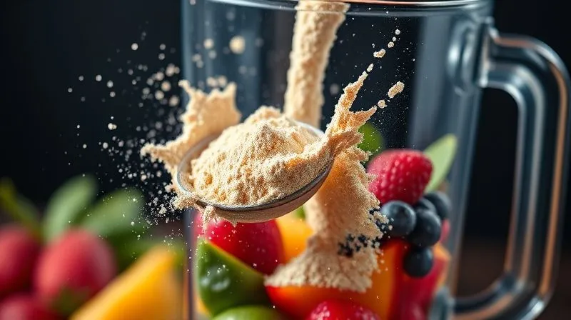 A photorealistic image of a scoop of protein powder falling into a blender filled with fruits and greens, creating a dynamic splash, professional photography, 8K, cinematic lighting, sharp focus on the powder and splash, depth of field, shot on a high-end DSLR, conveying a sense of active preparation and nutritional boost.
