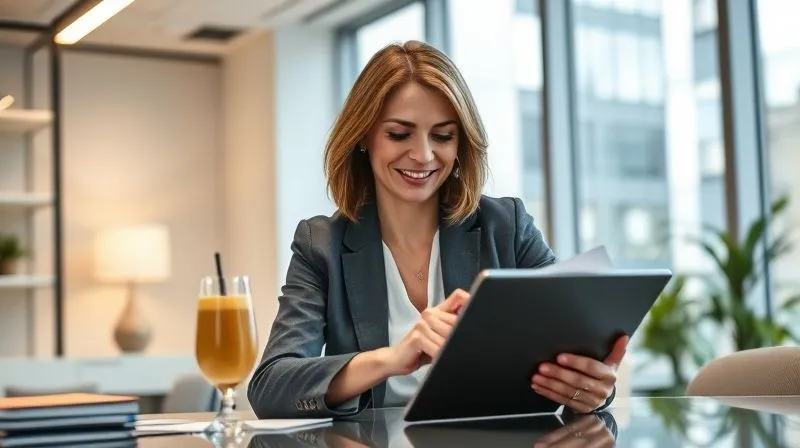 A photorealistic image of a confident female manager, mid-40s, smiling subtly while reviewing documents on a tablet in a well-lit, modern office, a vibrant smoothie glass visible on her desk, conveying success, clarity, and sustained energy, professional photography, 8K, cinematic lighting, sharp focus, depth of field, shot on a high-end DSLR.