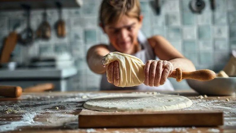 Photorealistic, professional photography, 8K, cinematic lighting, sharp focus on a hand struggling to peel sticky gluten-free dough from a rolling pin, a look of frustration on the baker's face, depth of field blurring a messy kitchen counter, shot on a high-end DSLR, evoking the common challenge of gluten-free baking.
