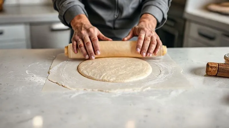 Photorealistic, professional photography, 8K, cinematic lighting, sharp focus on a pair of hands expertly rolling out gluten-free dough between two sheets of parchment paper on a clean, modern kitchen counter, a sense of ease and precision, depth of field blurring the background, shot on a high-end DSLR, conveying a successful baking technique.