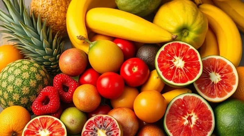 A vibrant array of tropical fruits, some piled high, with a subtle shadow suggesting excess, photorealistic, professional photography, 8K, cinematic lighting, sharp focus, depth of field, shot on a high-end DSLR.